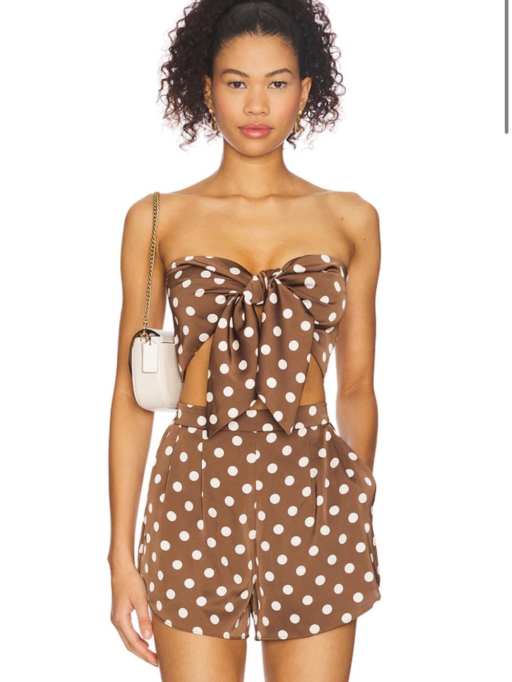 REVOLVE Brown and White Polka Dot Tie-Front Strapless Romper
